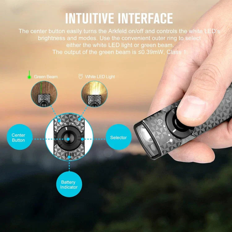 OLIGHT ARKFELDPWGMGCW Arkfeld Flat Flashlight with Green Laser & White Light - Pinwheel Gunmetal Grey